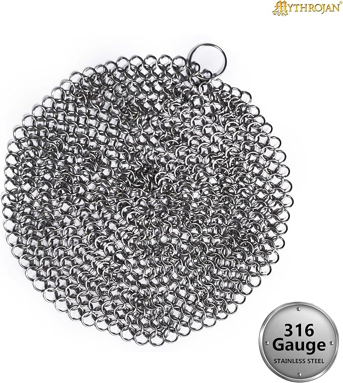 Cast Iron Cleaner, 7 Inches Stainless Steel Round Chainmail Scrubber For Cast Iron Pan Skillet, Wok, Pot, Pan; Pre-Seasoned Pan Dutch Ovens Waffle Iron Pans Scraper Cast