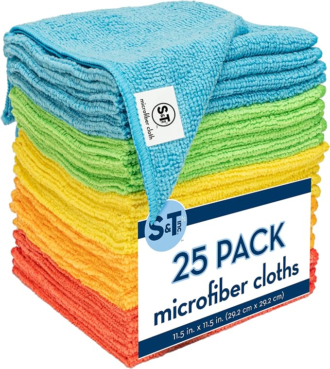 S&T INC. Microfiber Cleaning Cloth, 25 Pack, 11.5" x 11.5" | Bulk Cleaning Cloth for Home and Car, Reusable and Multi-Purpose Cleaning Rags, Machine Washable