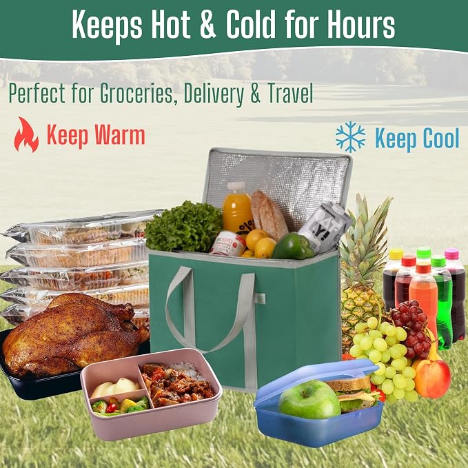VENO 3 Pack Cooler Bag Insulated Grocery Bags for Food Delivery Heavy Duty | Large Collapsible Cooler, Reusable Shopping Tote with Zippers, Foldable, Stands Upright, for Picnic Camping (Green, 3 Pack)