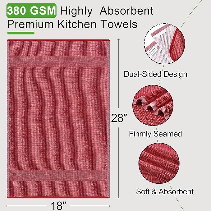 Mordimy Premium Large Cotton Kitchen Towels (18"x 28", 3 Pack), Red | 100% Ring Spun Cotton, Super Absorbent, 380 GSM, Flat & Terry, Soft, Hanging Loop Dish Towels