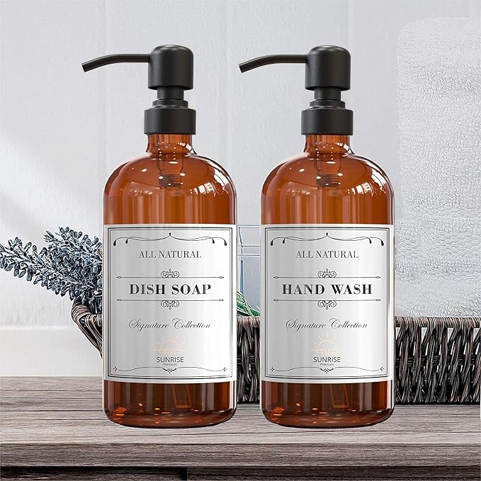 Amber Glass Soap Dispenser, Matte Black Pump, 16 oz | Amber glass, Matte Black Stainless Steel Pump, Bathroom and Kitchen Sink use, 12 Waterproof Labels (Pack of 4)
