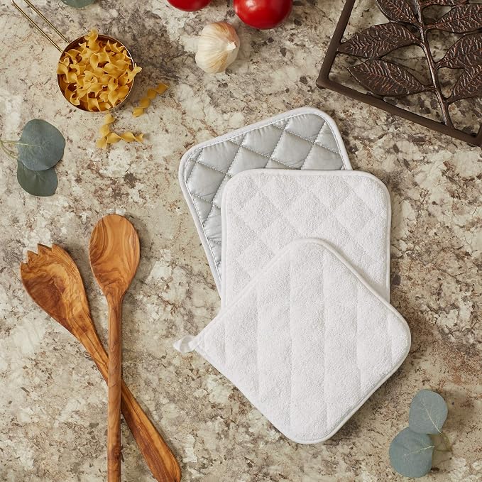 DII Basic Terry Collection Quilted 100% Cotton, Potholder, White, 3 Piece