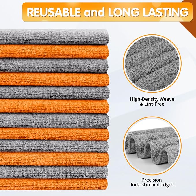Microfiber Cleaning Cloth -Pack of 12, Highly Absorbent Cleaning Rags(Grey&Orange), 16"X12" All Purpose Cleaning Towels for Housekeeping, Kitchen, Car, Reusable Microfiber Towels