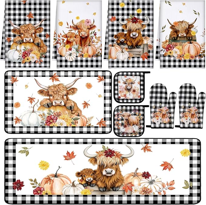 Fourluoo 10 Pcs Kitchen Dish Towels Rugs Oven Mitts and Pot Holders Set Farmhouse Kitchen Decor Set for Women Mom Daughter Gift Cooking Baking Grilling(Warm Color,Highland Cow)