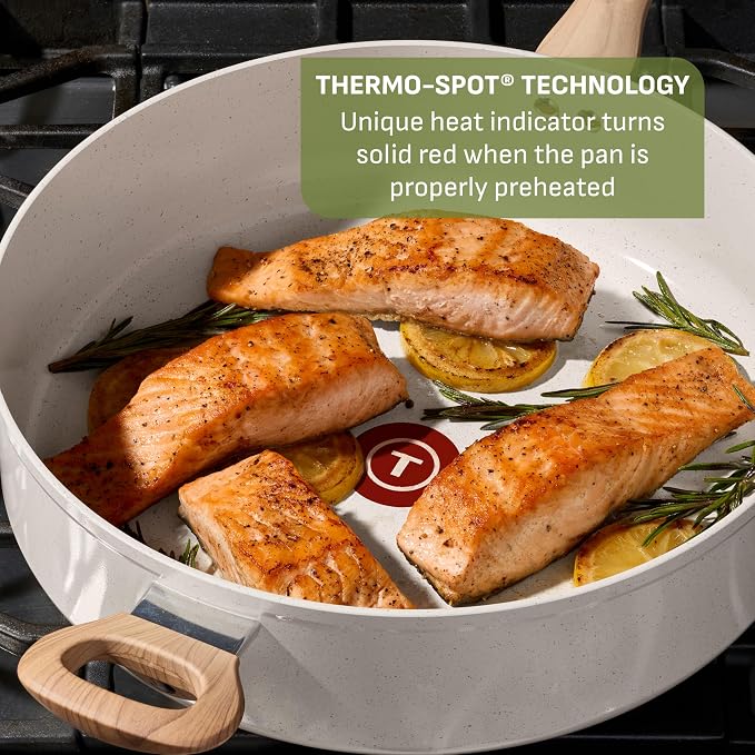 T-fal Revive Ceramic Nonstick Saute Pan with Lid, 6 Qt Forged Skillet | Recycled aluminum body, GoCeram ceramic nonstick, Thermo-Spot heat indicator, Oven safe to 350°F, Gas and electric compatible