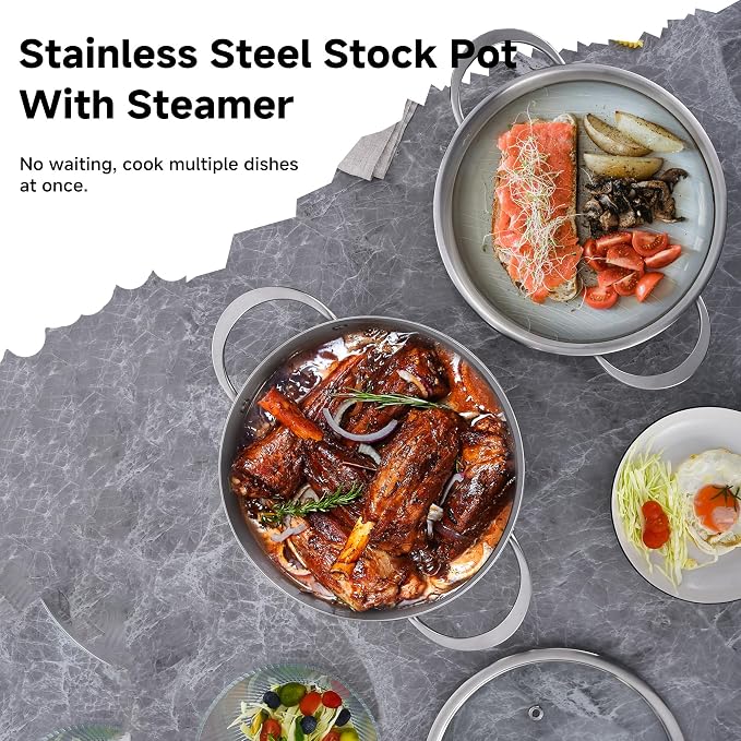 LOLYKITCH 5-Quart Tri-Ply Stainless Steel Steamer Pot with Glass Lid | Steaming Pot for Cooking | 2 Tier Induction Steamer Pot for Tamales Seafood Vegetables Dumplings | Stock Pot | Thick