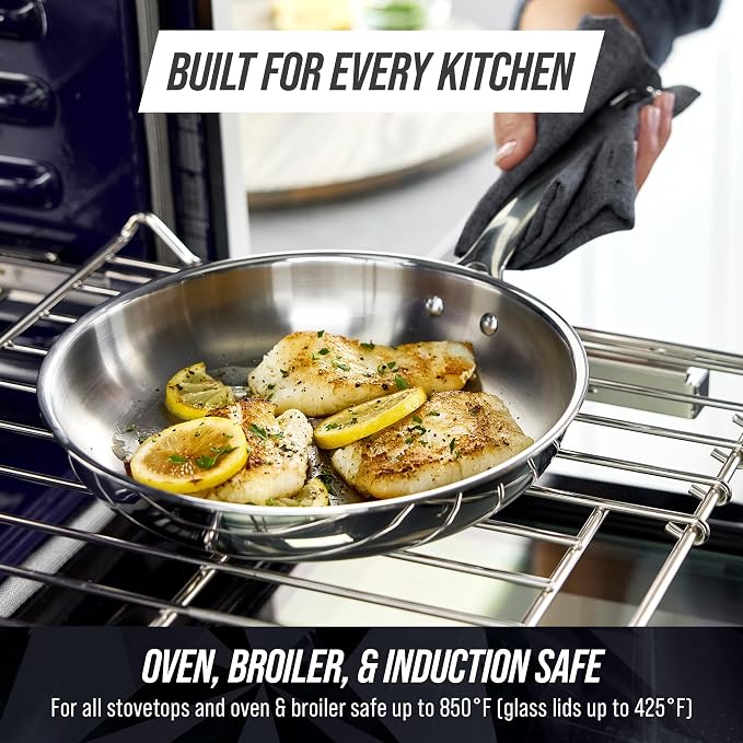 Blue Diamond Pro Steel 8" Tri-Ply Stainless Steel Frying Pan Skillet | Multi Clad Skillet, Induction & All Stovetop Suitable, Mirror Polished Finish, Dishwasher Safe, Oven Safe to 850F, Silver
