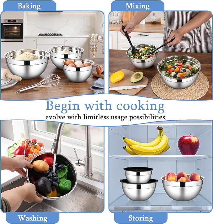 LIANYU Mixing Bowls with Lids Set of 3, Stainless Steel Nesting Metal Bowls | Large & Small Bowl for Kitchen Storage, Dishwasher Safe & Easy Cleaning, Size 1.5QT & 3QT & 4.6QT, Black