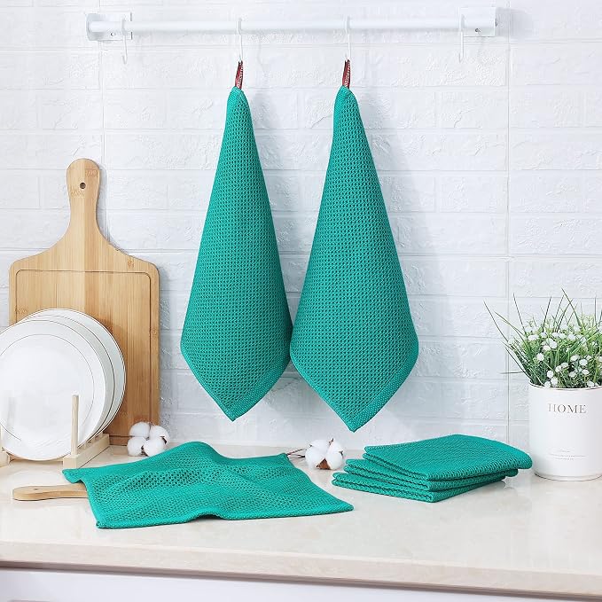 Kitinjoy 100% Cotton Waffle 6-Pack Kitchen Towels, 12" x 12", Teal | Ultra Absorbent, Super Soft, lightweight, Quick Drying Dish Rags for Washing Dishes