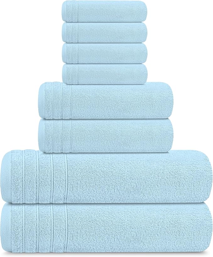 8 Piece Towel Set, 2 XL Bath, 2 Hand, 4 Washcloth, Sky Blue | 100% Cotton, Lighter Weight, Quicker to Dry, Super Absorbent, Perfect for Bathroom
