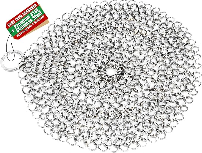 AMAGABELI GARDEN & HOME 7”x7” Cast Iron Cleaner 316L Stainless Steel Chainmail Scrubber for Griddle Skillet Dutch Oven Wok Grills Stainless Steel Pot Cast Iron Pan