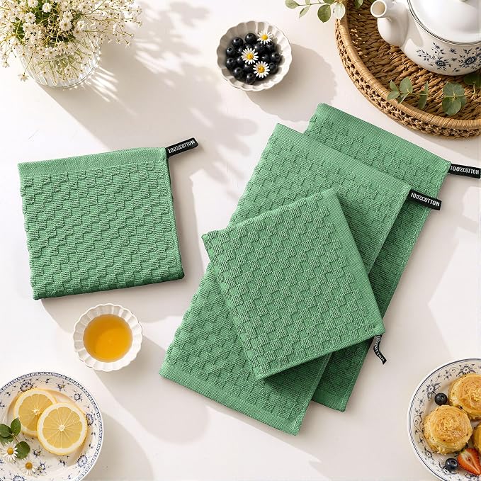 Homaxy 100% Cotton Terry Dish Cloths, 12"x12", 8-Pack, Grass Green | Ultra Soft Absorbent Dish Towels with Hanging Loop, Pineapple Grid Designed
