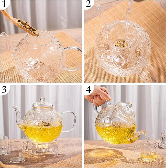 Glass Teapot with Removable Infuser-1500ml/50oz Clear GlassTea Pot for Stovetop, Borosilicate Microwave-Safe Glass Tea Kettle & Tea Maker for Blooming & loose Tea