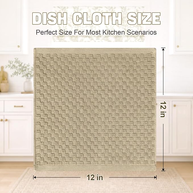 Homaxy 100% Cotton Terry Dish Cloths, 12"x12", 12-Pack, Tan | Ultra Soft Absorbent Dish Towels with Hanging Loop, Pineapple Grid Designed