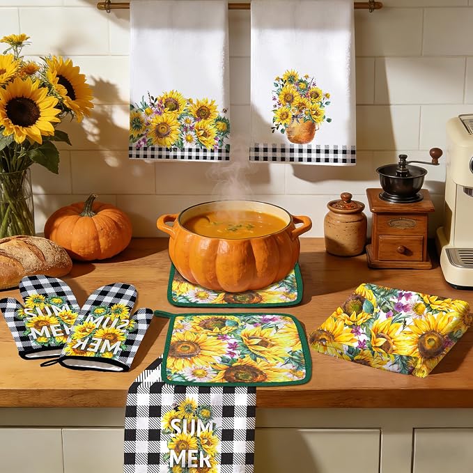 8 Pcs Sunflower Plaid Kitchen Decor Accessories Set, Dish Towels Square Heat Resistant Oven Mitts and Gloves Pot Holders for Cooking Baking Mother’s Day Farmhome Gifts