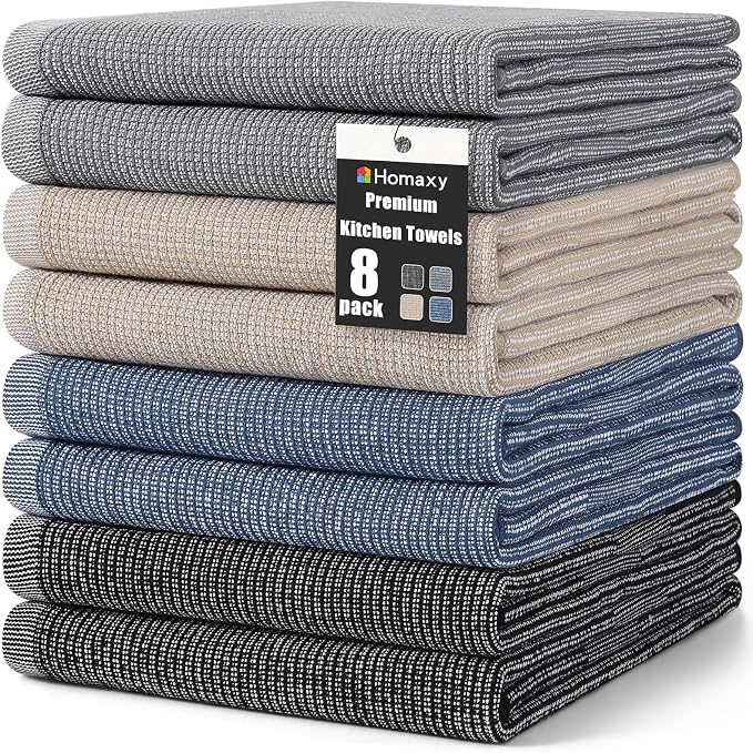 Homaxy 380 GSM Cotton Premium Kitchen Towels 8 Pack, 18"x 28", Mixed Color | Flat and Terry Dish Towels, Highly Absorbent Tea Towel Set with Hanging Loop, Soft Utility Kitchen Hand Towels