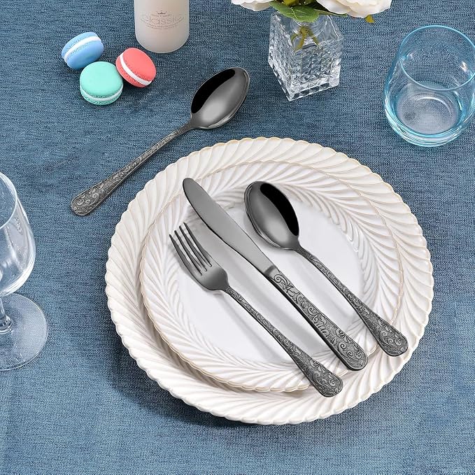 Runfly Vintage Carved Black Stainless Steel 20-Piece Flatware Set | Silverware Set, Modern Embossed Cutlery Set Utensils Kitchen Including Fork Spoon and Knife