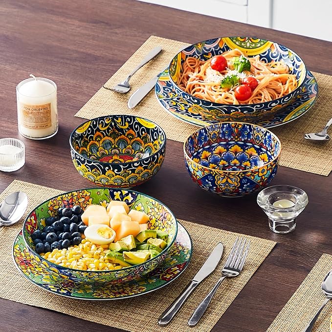 vancasso Pasta Bowls Set of 4, 42oz Ceramic Serving Bowls,Boho Pasta Plates | Large Shallow Bowls for Pasta, Salad, Soup, 42 oz Colorful Bowl Plates, Microwave and Dishwasher Safe Dinner Bowls