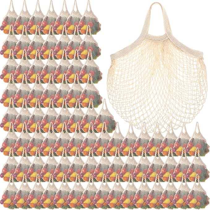 Paterr 80 Pack Cotton Mesh Produce Bags Bulk,Short Handle,Beige | Reusable Mesh Grocery Bags Bulk, Washable Net Market Tote String Shopping Bags, for Vegetable Fruit Beach Picnic Food Storage