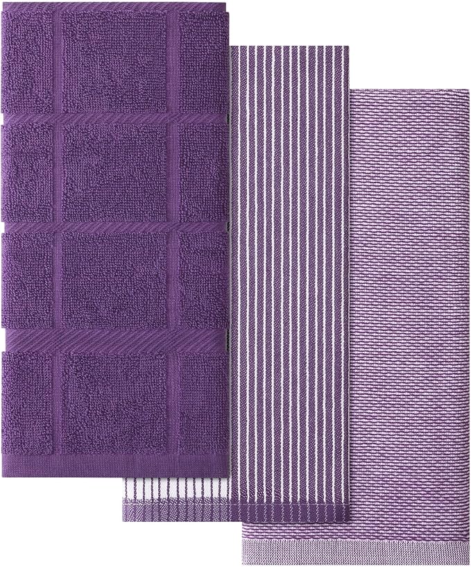 Homaxy 3 Pack Cotton Terry Premium Kitchen Towels, 18 x 28 in, Purple | Large 380 GSM Dish Towels, Highly Absorben Flat & Terry Kitchen Hand Towels, Soft Utility Tea Towel Set with Hanging Loop
