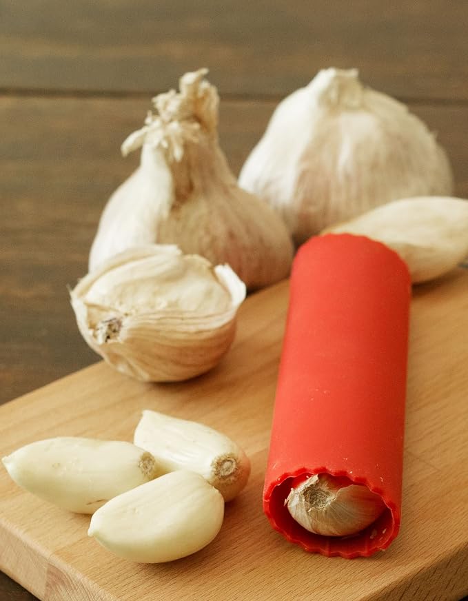 Set of 2 Red Garlic Peeler Silicone Tube Rollers - Easy Roll Garlic Skin Remover - Sturdy Thick Odor Free - Peels Multiple Cloves of Garlic in Seconds - Cestari Kitchen Garlic Peelers are BPA Free