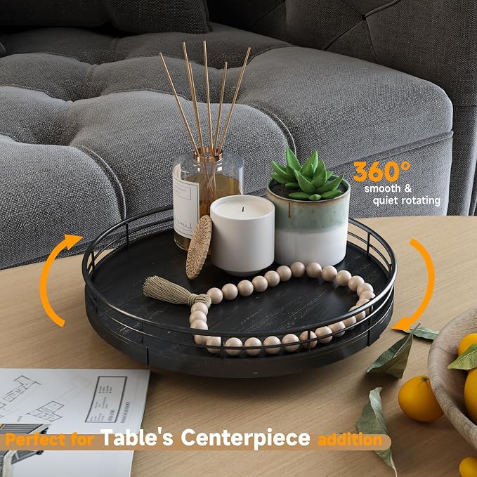 AMH 9-Inch Oak Lazy Susan Vanity Tray with Black Brush Gold Metal Frame | Smooth rotating oak tray with walnut finish for dining tables, kitchen counters, pantries and cabinet storage.