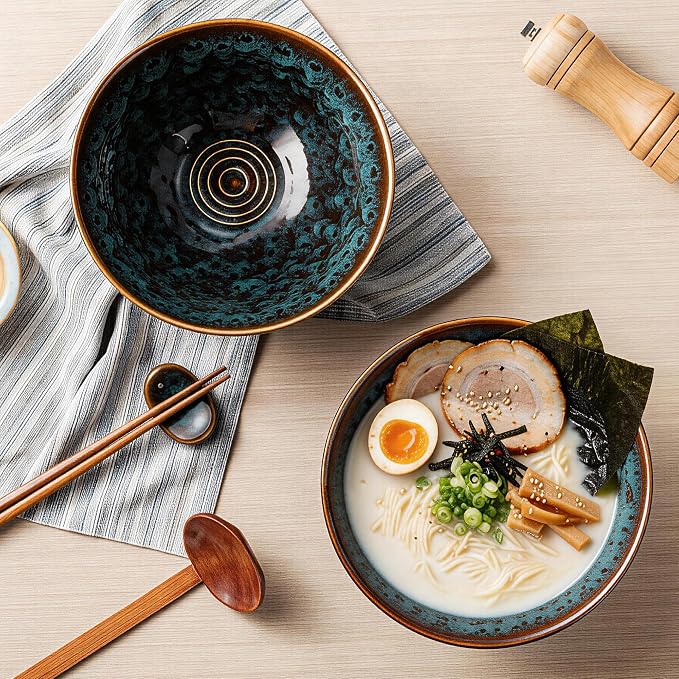 8 Inch Ceramic Ramen Bowl Set of 2, 40oz Japanese Bowls with Spoons & Chopsticks,Durable,Microwave & Dishwasher Safe,Perfect for Ramen,Pho,Salad,Soup,Noodles，Mixing bowls（Verdigris Green）