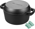 Pre-seasoned Cast Iron Double Dutch Oven Pot with Skillet Lid, Dual-handle, for Bread Baking, Outdoor, Campfire Cooking, 5 Quart