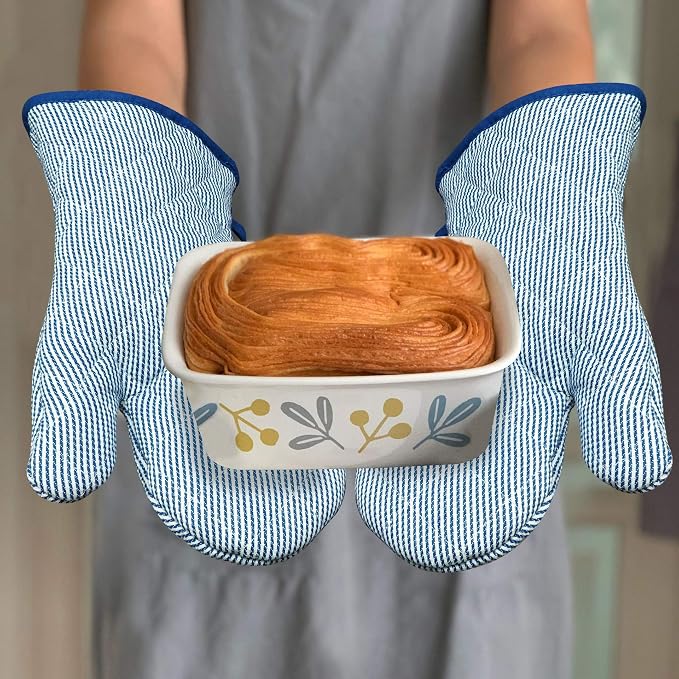 Yarn Dyed Oven Mitts 1 Pair， 100% Cotton Heat Resistant 470 Degree | Oven Gloves for Men Women Cooking Baking Barbecue BBQ Microwave Crafting Machine Washable Pot Holders Mittens (blue2)