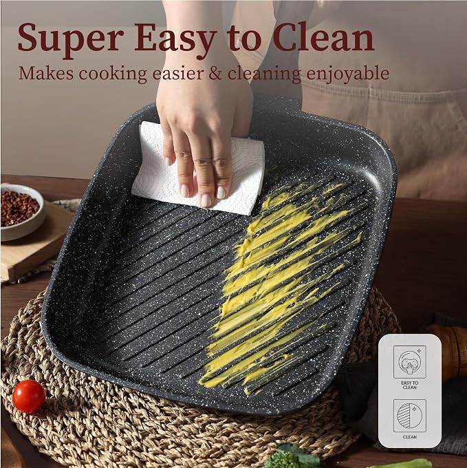 CAROTE 11 Inch Nonstick Grill Pan for Steak, Premium Granite Coating | Square Grill Skillet, Indoor Outdoor RV Camping Use, Gas & Induction Safe, All Stovetops Compatible, PFOA Free, Black