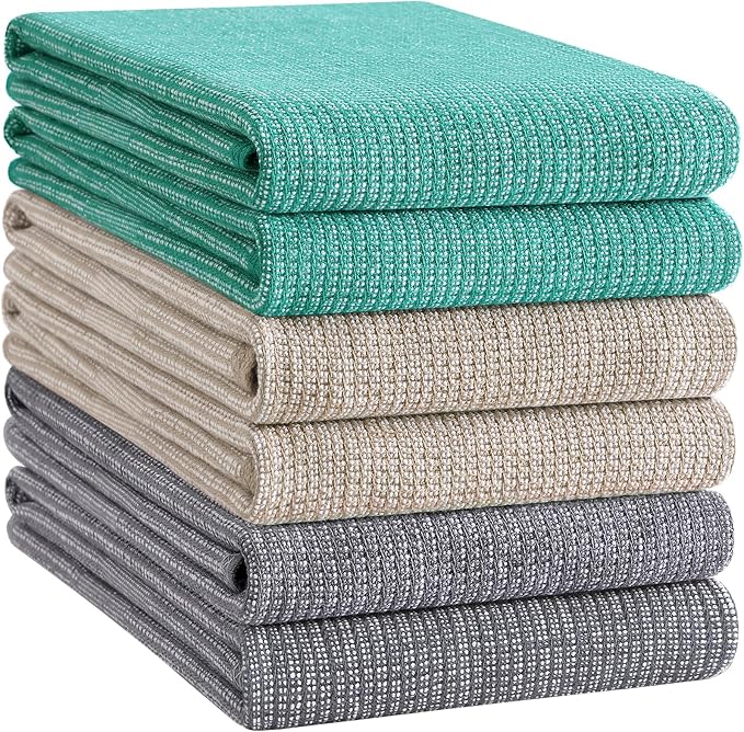 Homaxy 380 GSM Cotton Premium Kitchen Towels 6 Pack, 18"x 28", Mix | Flat and Terry Dish Towels, Highly Absorbent Tea Towel Set with Hanging Loop, Soft Kitchen Hand Towels, Grey/Green/Khaki