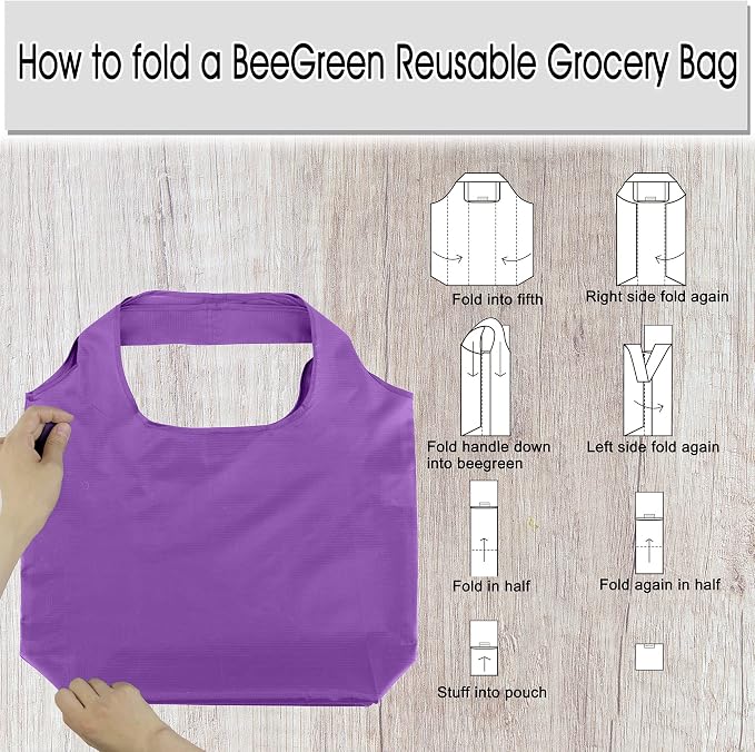 BeeGreen Purple Reusable Grocery Bags Wholesale Purple Reusable Kitchen Bags Bulk Foldable-Machine Washable with Zipper Storage Pouch 50 Packs