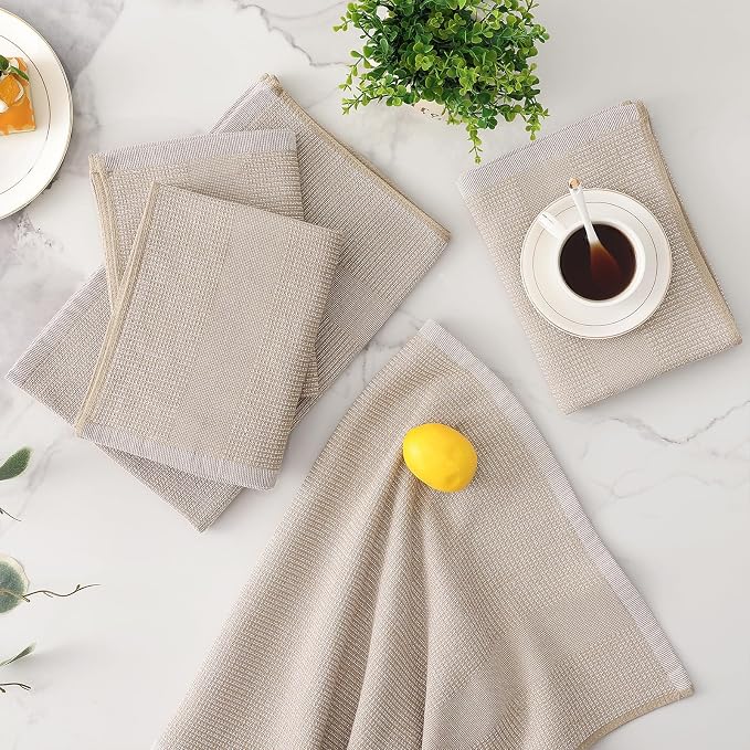 Mordimy Premium Large Cotton Kitchen Towels (18"x 28", 6 Pack), Khaki | 100% Ring Spun Cotton, Super Absorbent, 380 GSM, Flat & Terry, Soft, Hanging Loop Dish Towels