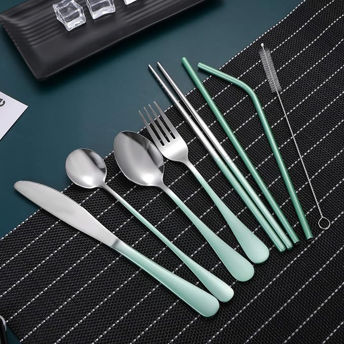 Travel Utensils,Reusable Silverware Set To Go Portable Cutlery Set with a Waterproof Carrying Case for Lunch Boxes Workplace Camping Picnic (GraGreen)