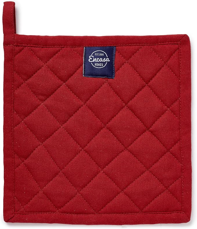 Encasa XO Pot Holders, Quilted Kitchen Hot Pads 8"x8" Red | 100% Heavyweight Cotton | Quilted Insulation | Multipurpose Trivets & Hot Pads | Hanging Loop | Set of 2
