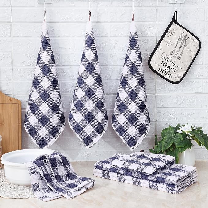 Homaxy Kitchen Towels and Dishcloths Set, Set of 8, Blue & White | Bulk Cotton Waffle Weave Check Plaid Kitchen Towels, Super Soft and Absorbent Dish Cloths, 12 x 12 and 13 x 28 Inches