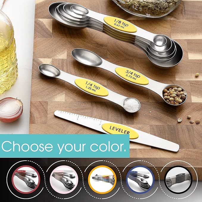 Spring Chef Stainless Steel Magnetic Measuring Spoons Set of 8, Yellow | Dual Sided Teaspoon & Tablespoon Measuring Spoons w/ Leveler for Dry & Liquid Ingredients, Measure Spoons for Baking, Cooking