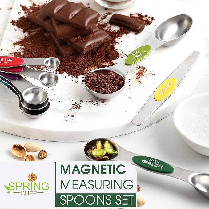 Spring Chef Stainless Steel 8 Magnetic Measuring Spoons, 2 Pack, Multicolor | Dual Sided Metal Teaspoon & Tablespoon Measuring Spoons with Leveler for Dry & Liquid Ingredients, Nesting, Dishwasher Safe