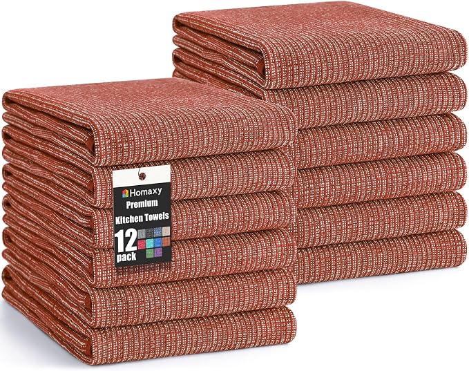 Homaxy 380 GSM Cotton Premium Kitchen Towels 12 Pack, 18"x 28", Rust | Flat and Terry Dish Towels, Highly Absorbent Tea Towel Set with Hanging Loop, Soft Utility Kitchen Hand Towels