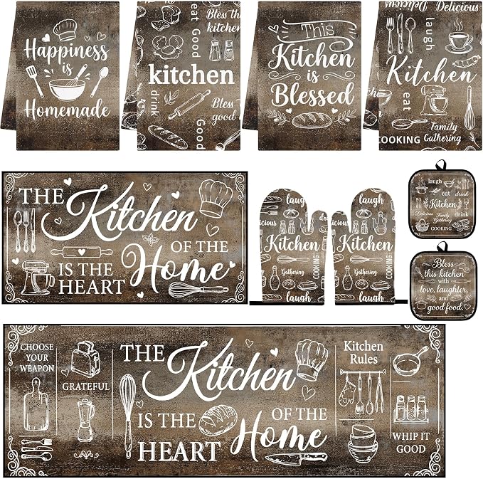 10 Pcs Kitchen Decor and Accessories Set, Vintage Rustic | Grunge Gray Brown 4 Dish Towels Kitchen Rugs 2 Oven Mitts 2 Pot Holders, Home Decor for Cooking Baking BBQ Housewarming