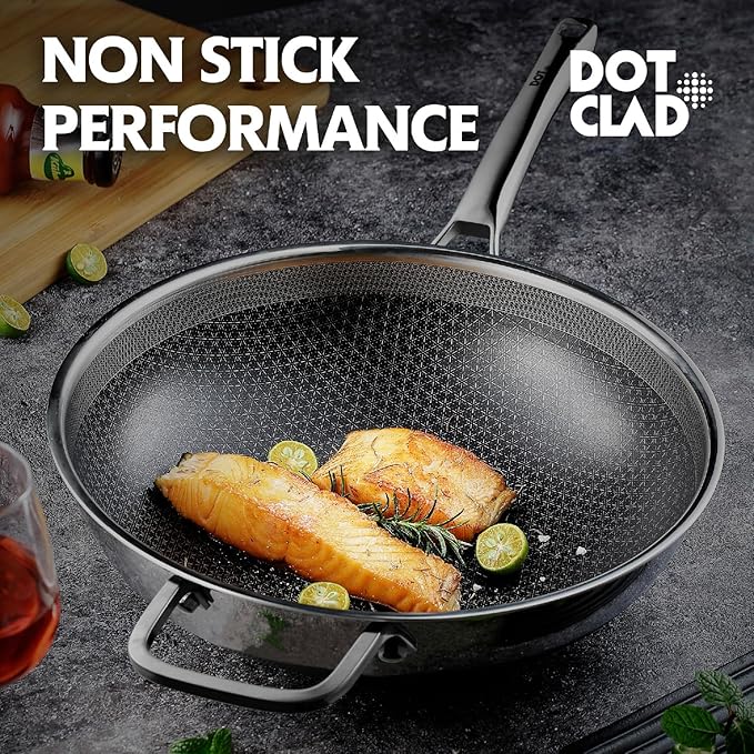 DOTCLAD 3-Piece Hybrid Stainless Steel Cookware Set-12 Inch Wok with Lid,10 Inch Frying Pan,12 Inch Skillet with Lid-Non Stick,PFOA Free,Dishwasher&Oven Safe,Induction Compatible,Cookware Set.