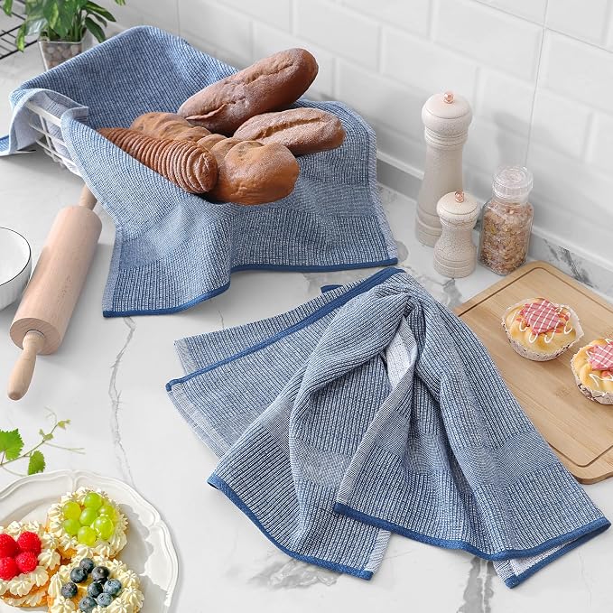 Homaxy 380 GSM Cotton Premium Kitchen Towels 6 Pack, 18"x 28", Navy Blue | Flat and Terry Dish Towels, Highly Absorbent Tea Towel Set with Hanging Loop, Soft Utility Kitchen Hand Towels