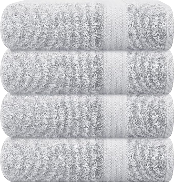 GLAMBURG Premium Cotton 4 Pack Bath Towel Set - 100% Pure Cotton - 4 Bath Towels 27x54 - Ideal for Everyday use - Ultra Soft & Highly Absorbent - Light Grey
