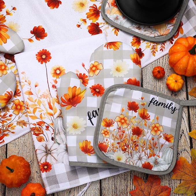 Leinuosen 6 Pack Fall Thanksgiving Kitchen Set with 2 Flower Dish Towels, 2 Pumpkin Pot Holders and 2 Buffalo Plaid Oven Mitts for Gifting, Baking, and Cooking Accessories