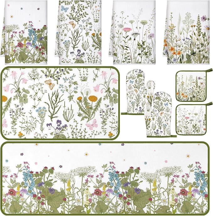 Fourluoo 10 Pcs Wildflower Kitchen Decor Set Grass Dish Towels Kitchen Rugs Oven Mitts and Pot Holders for Cooking Baking Grilling Women Mom Gift