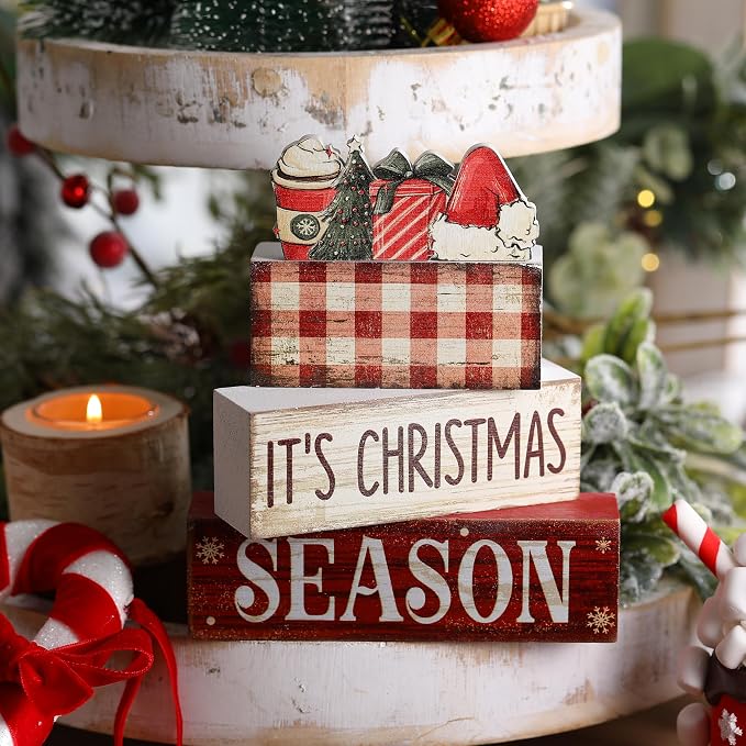 Lineshading 4 Pcs Christmas Table Decoration Wooden Hot Cocoa Santa Hat | Buffalo Plaid Stacked Design, Rustic Tabletop Signs for Mantel Shelf, Season Theme Wooden Blocks, Farmhouse Holiday Gift