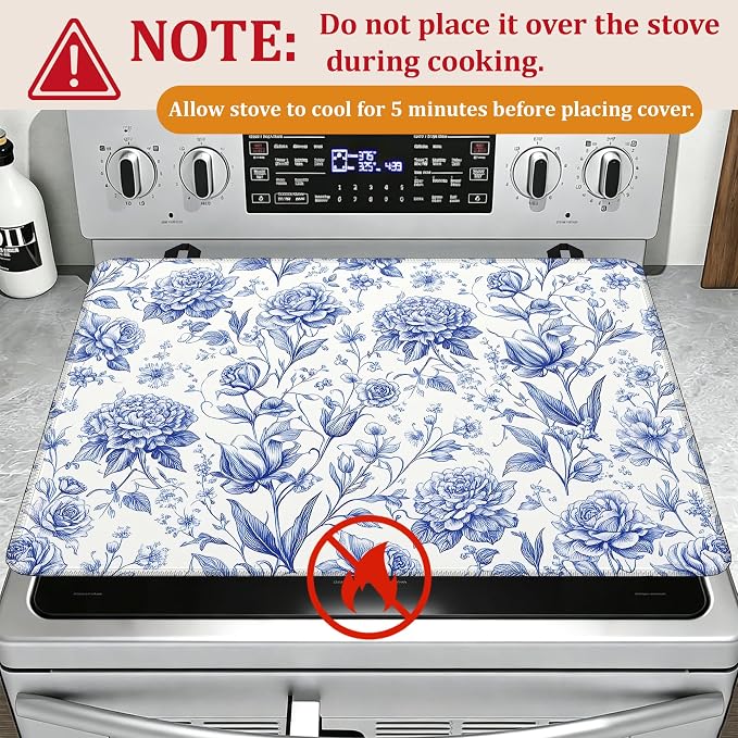 Blue Floral Glass Top Stove Cover Protector,Retro Spring Flowers Heat Resistant Stove Top Cover, Large Size Range Covers for Electric Stove Countertop Mat, 28 x 20 Inch