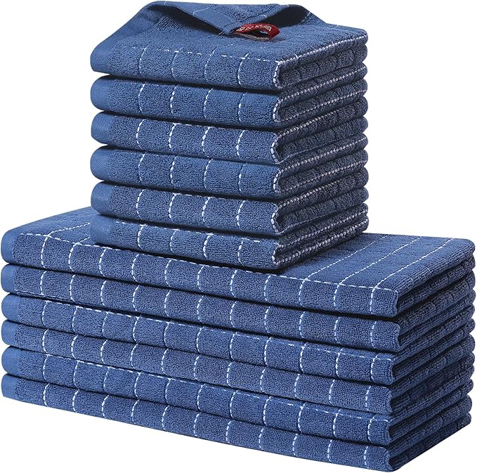 Homaxy Kitchen Towels and Dishcloths Set, Set of 12, Navy Blue | Bulk Cotton Terry Kitchen Towels, Checkered Designed, Soft and Super Absorbent Dish Towels, 12 x 12 and 13 x 28 Inches