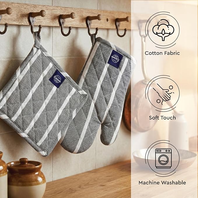 Encasa XO Oven Mitts and Pot Holders Set, Heat Resistant Cotton | Roma Grey Stripes, Diamond Quilted | Non-Slip Grip | Microwave & Oven Safe | Hanging Loop | Machine Washable | Set of 2