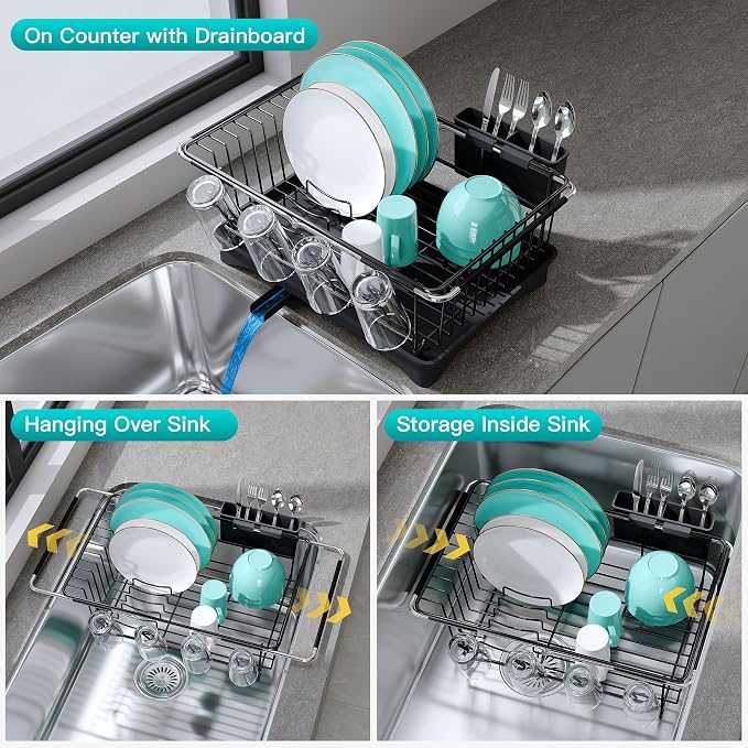 JASIWAY Black Dish Drying Rack in Sink with Drainboard and Utensil Holder | Use Over the Sink or Counter, Stainless Steel Expandable Dish Drainer for Small Kitchen, Space Saving, Fast Drain, Rustproof